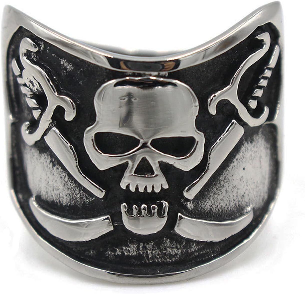 LILILEO Jewelry Stainless Steel Men's Rings Retro 2 Knives Pirate Skull Head Punk Ring