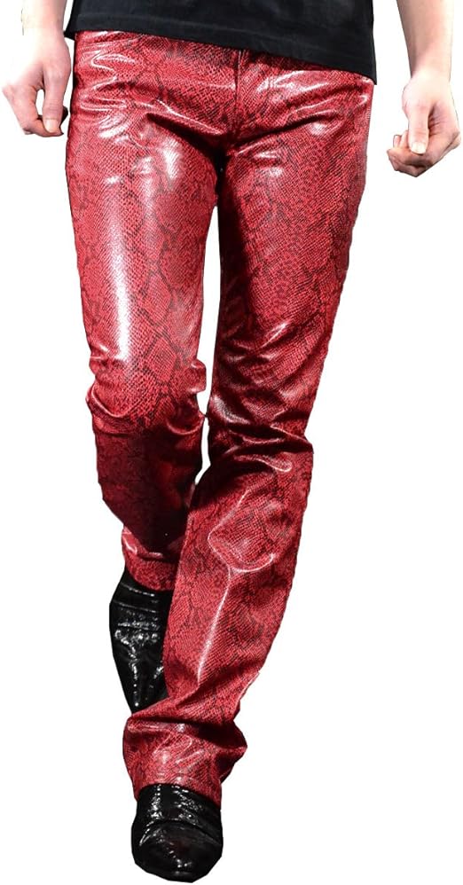 Amazon レザーパンツ PU フェイクレザー 合成皮革 合皮 革 蛇柄 ヘビ パイソン柄 アニマル柄 シューカット ボトム メンズ