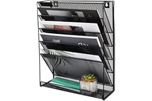EASEPRES Mesh Hanging Wall File Holder Organizer Storage 6-Tier Black Paper Clipboard Rack Vertical Metal Wall Mounted Files 