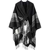 YnimioAOX Women's Poncho Shawl Wrap Soft Knit Cross Front Plaid Cape Cardigan with Tassels for Fall Winter