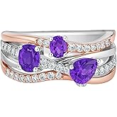 Tirafina Two-Tone Sterling Silver Band Ring for Women – Genuine Amethyst & Lab Created White Sapphire Gemstones – Unique Birthstone Jewelry – Elegant Statement Anniversary, Bridal, Birthday or Fine Jewelry Gift