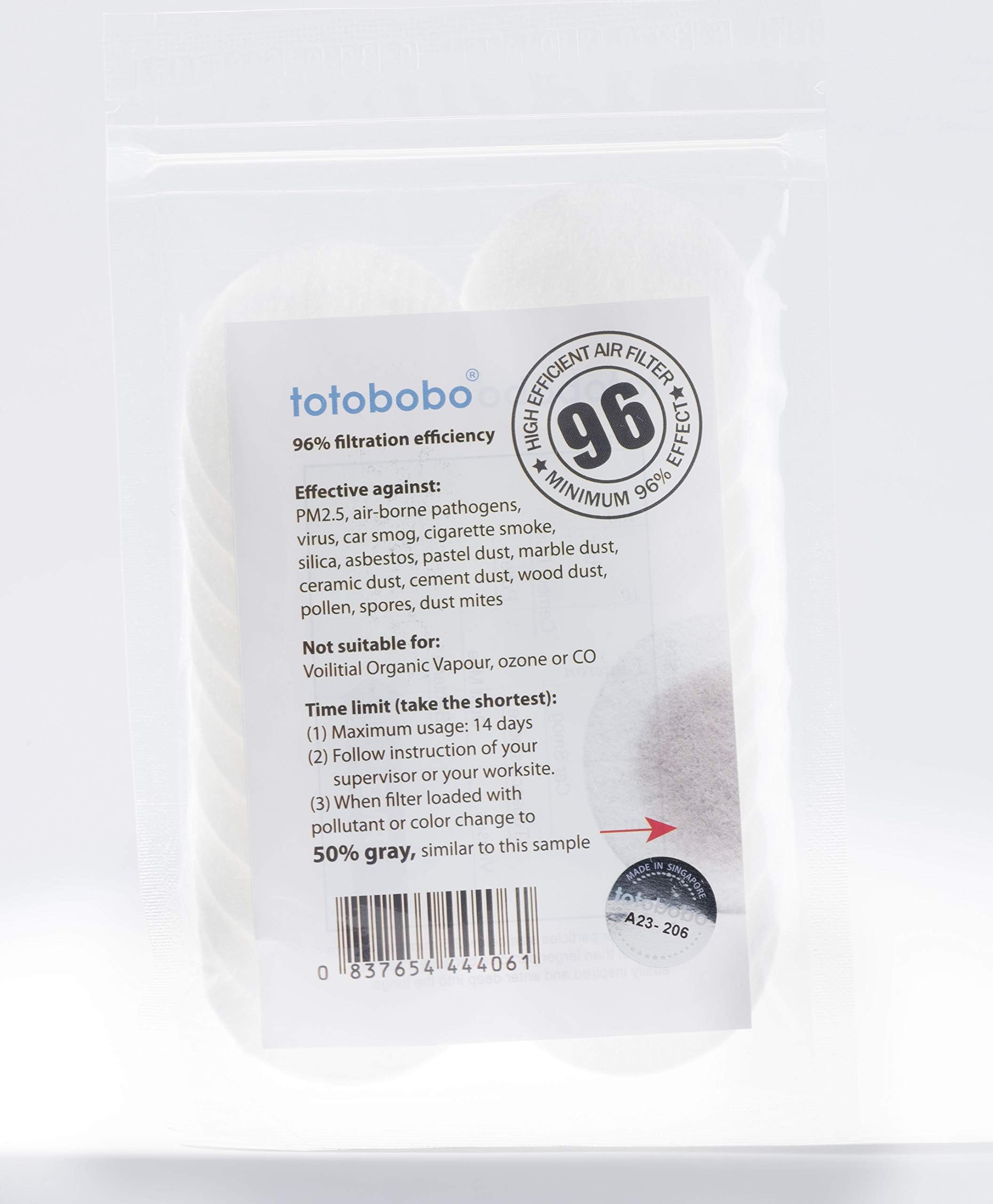 Anti-pollution Totobobo 96% Filters (10 pairs) Top protection! High efficient, low resistance filter with sub-micron filtration performance. Extra high level of protection while being easier to breath than typical N95 filter. Contains electro-static charges and is highly effective to trap fine dusts and particles even below 0.3 micron. The filtration efficiency is at least 96%,suitable for blocking airborne pathogens such as virus and bacteria.