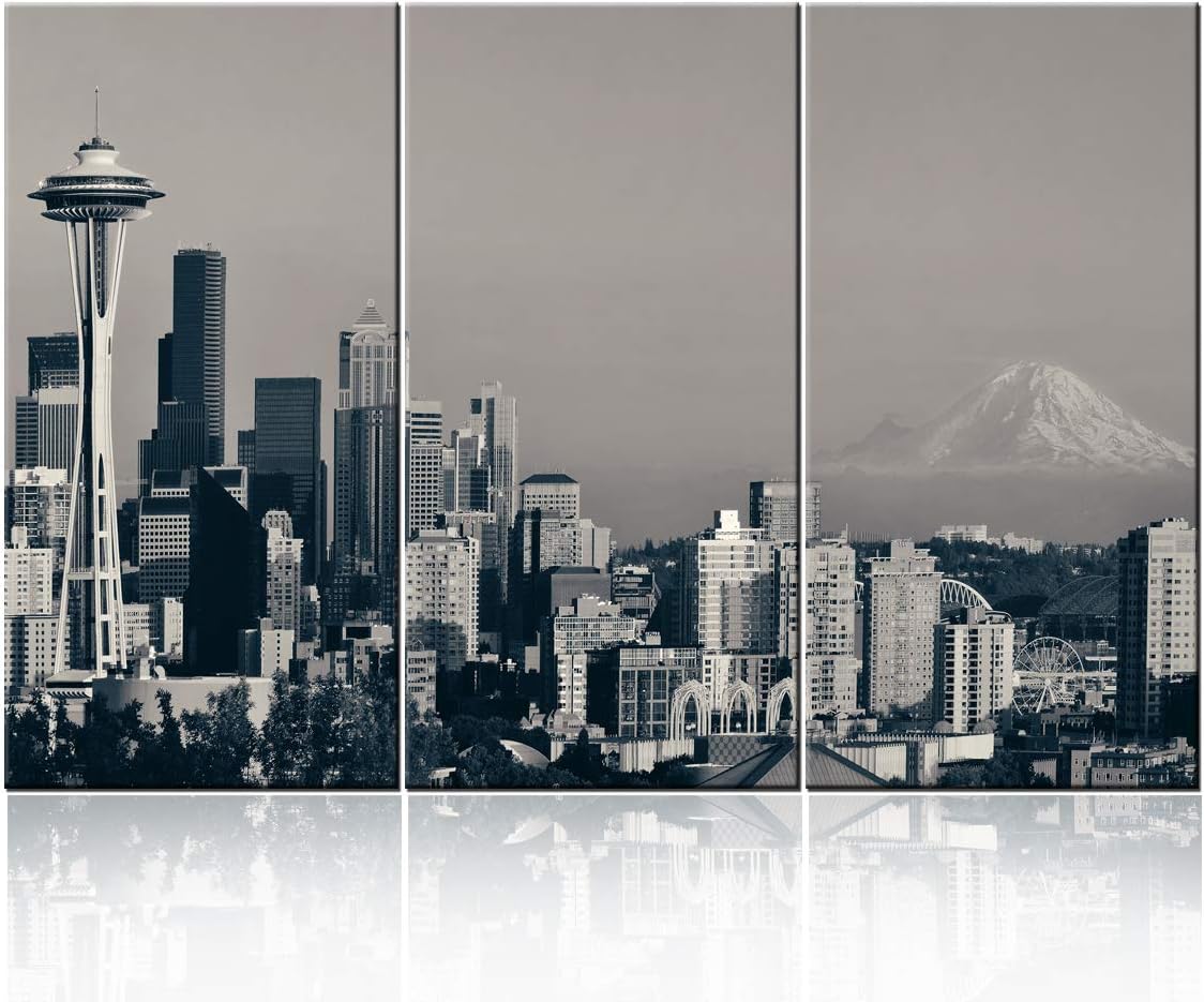 Amazon Com Tumovo 3 Pieces Black And White Seattle Skyline Panorama Canvas Print Seattle Cityscape Canvas Print Extra Large Seattle City Skyscraper Wall Art Print 28x14 Inch Each Panel Posters Prints
