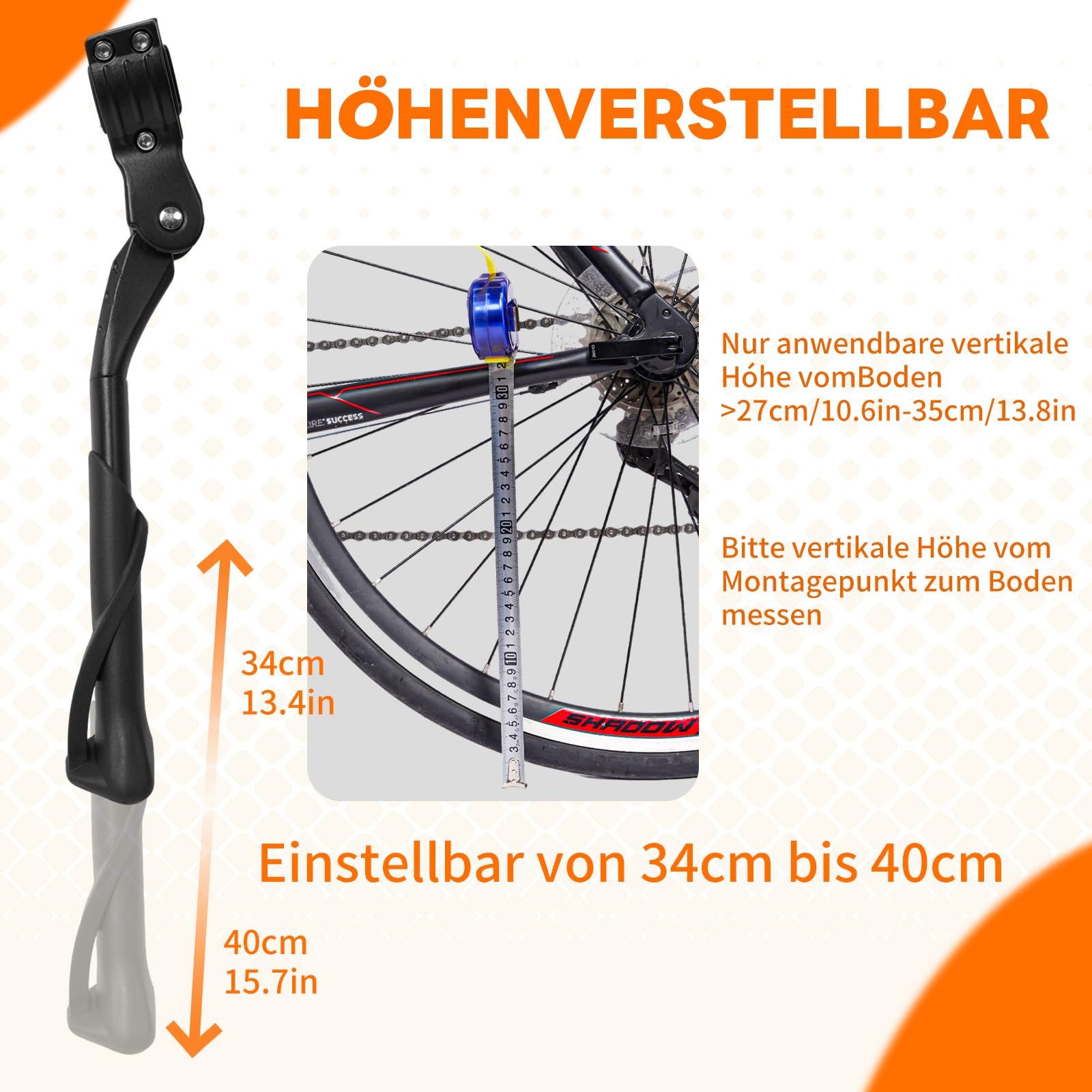 SUNFATT Fahrradständer Hinterrad 24-29 Zoll, Universal Seitenständer für E-Bike & MTB ohne Bohrung, Höhenverstellbar, Verstärktes Alu, 35kg/45kg Traglast, rutschfest, Bike Stand Zubehör 3