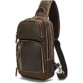 LANNSYNE Full Grain Leather Sling Bag For Men Crossbody Chest Daypack fits 10.5" iPad