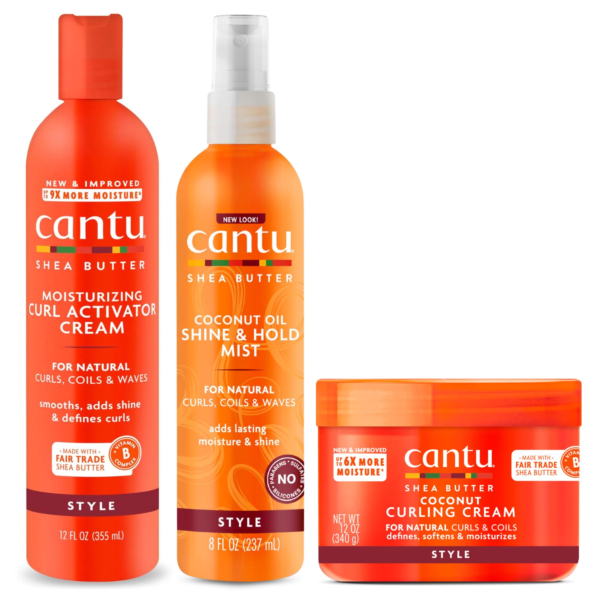 CANTU Moisturizing Curl Activator Cream 355ml, Coconut Oil Shine & Hold Mist 237ml, Coconut Curling Cream 340g TRIO BUNDLE - Moisturizes, Softens, Adds Shine - Curl, Curls, Frizz - Hair Care Bundle
