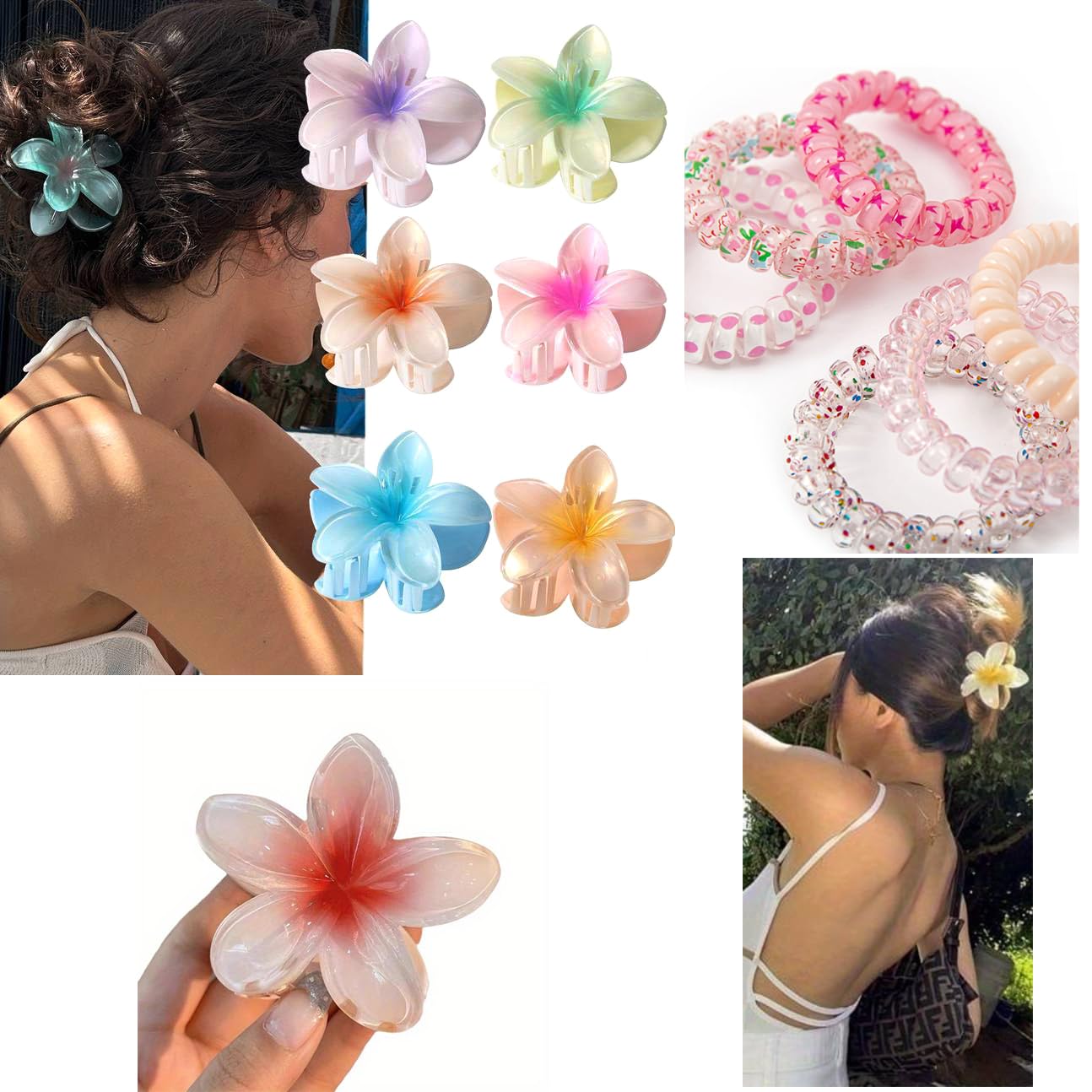 4 FLOWER Hair CLAW CLIPS & 4 SPIRAL TIES -Elastic HAIR TIES, Ponytail HAIR BOBBLES, Hair BANDS, Large CLAW CLIPS (4 FLOWER Claws) — image 1