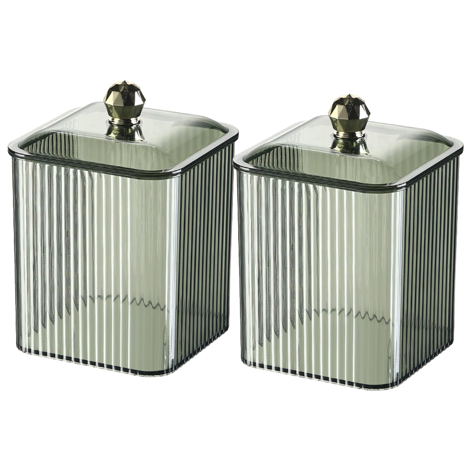 Veki Clear Cotton Pad Container Holder with Lid, Cotton Bud Holder for Dressing Table, Bathroom, Bedroom, Makeup Organiser Storage for Cotton Swab, Floss, Cosmetic (Green, 2 Pieces)