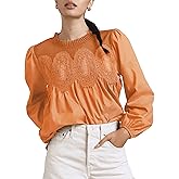 Lentta Women's Lace-Detail Flared Blouse Long Sleeve Crew Neck Poplin Mesh Swing Babydoll Tops Elegant Loose Shirts