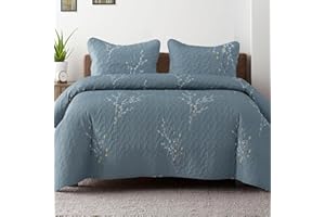 Exclusivo Mezcla Reversible Boho Quilt Set Queen Size, 3 Pieces Flowers Blue All Season Bedspreads, Ultra Soft Floral Coverle