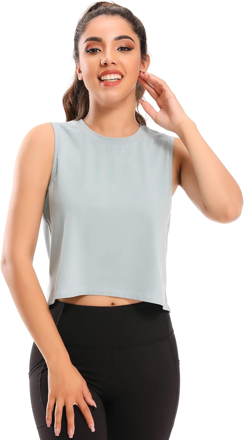 Muzniuer Womens Workout Crop Tops Yoga Sports Running Activewear Short Tank Tops Sleeveless Workout Cotton Shirts at  Women’s Clothing store