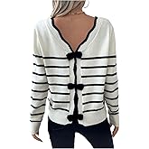 GORGLITTER Women's Striped Bow Cozy Fall Sweater Backless V Neck Cute Long Sleeve 2025 Pullover