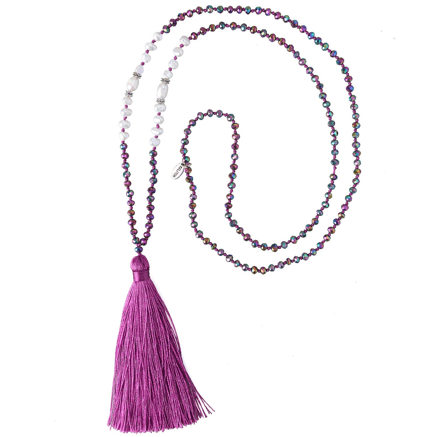 KELITCH New Women Tassel Pearl Necklace Crystal Beads Necklace Bib Shining Y-Shape Jewelry (Purple P)