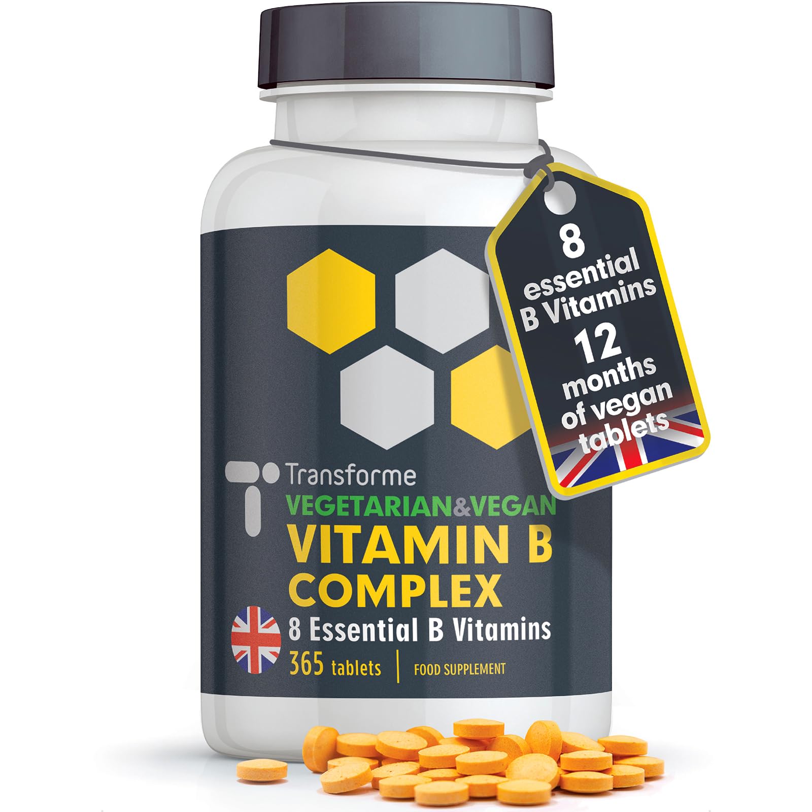 Transforme Vitamin B Complex 365 Tablets - High Strength Full Spectrum B1-B12 - One-A-Day Vegan Supplement for Energy - Tiredness and Immune Support - UK Made