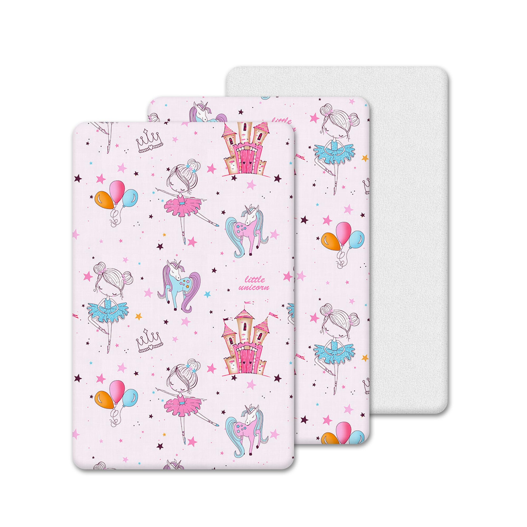 3 Pack Crib Fitted Sheets - 2 Pcs 100% Cotton Fitted Sheets (50X90 cm), 1 Waterproof Mattress Protector - Breathable, Soft & Antiallergic (Baby Pink Princess, 50X90 cm)