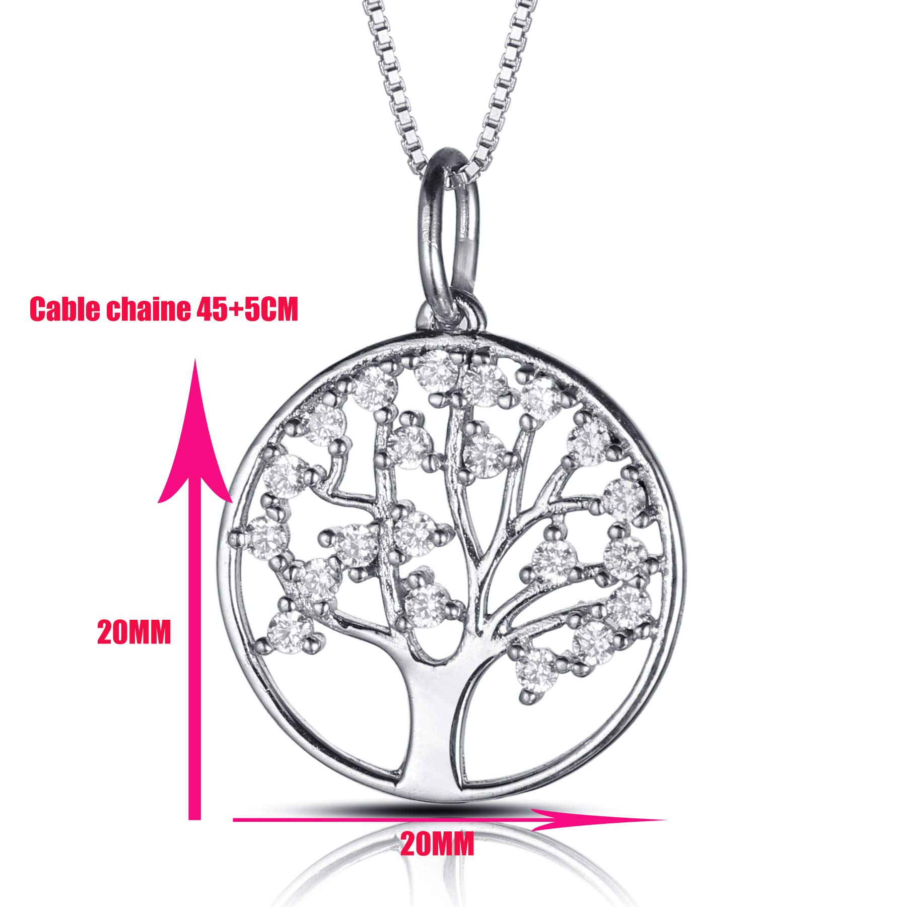 Collier et Pendentif Motif Arbre,en Argent 925 Femme Cable Chaine 45+5CM