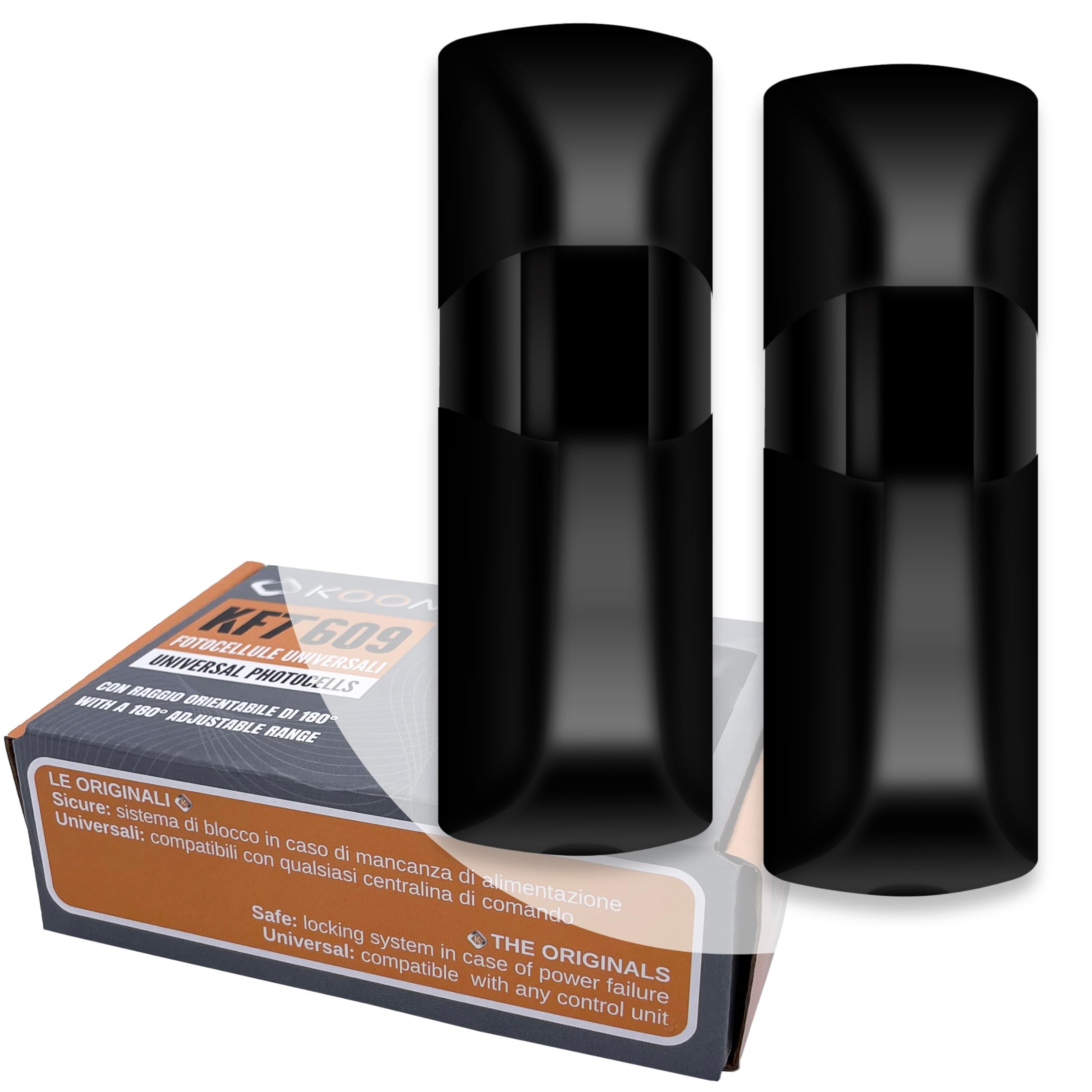 koomando KFT609 Pair of Universal Photocells for Outdoor Gates, 12V/24V AC/DC, 180° Adjustable, Dual Status LED, Safety Lock Certified, for Garage Doors, Automatic Gates, Alarms