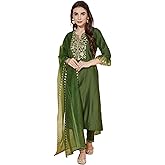 SIRIL Women's Embroidery Chinnon Silk Straight Kurta Set with Dupatta