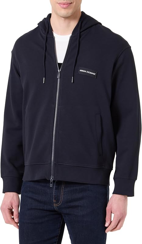 Men's Plain Boxy Fit, Embroidered Patch Logo, Metal Zip, Hooded Sweatshirt,Blue,M