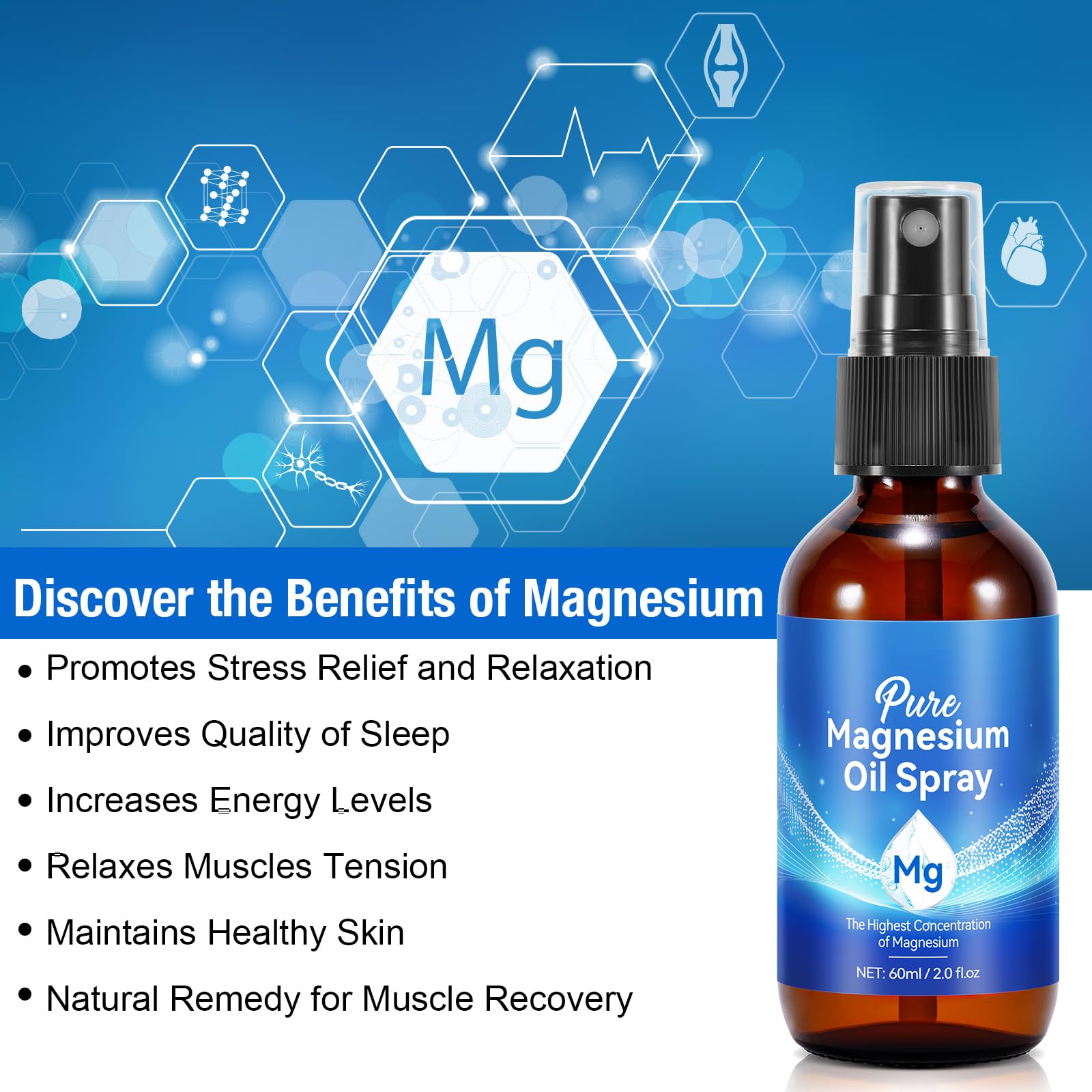 2Pack Pure Magnesium Oil Spray, Topical Magnesium Spray Glass Bottle, Organic Magnesium Spray for Feet, Nourish The Skin, Unclog Pores, Alleviate Hair Loss, 4 fl oz