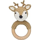 Joliecraft Woodland Friends Baby Rattle Shaker Toy with Wooden Teething Ring in White and Tan Deer