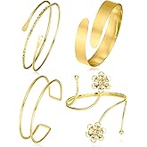 Wrlcorly 4Pcs Arm Cuff Gold Upper Arm Cuff Bangle Armlet Coil Swirl Flower Filigree Feather Open Armband Bracelet Set for Women Size Adjustable