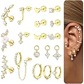 18 PCS Single Cartilage Studs Earrings Women Trendy 14k Gold Plated Flat Back Earings Stacks Dainty Small Pendant Dangle Huggie Hoops Earring Cubic Zirconia Flatback Stud Sets for Multiple Piercing