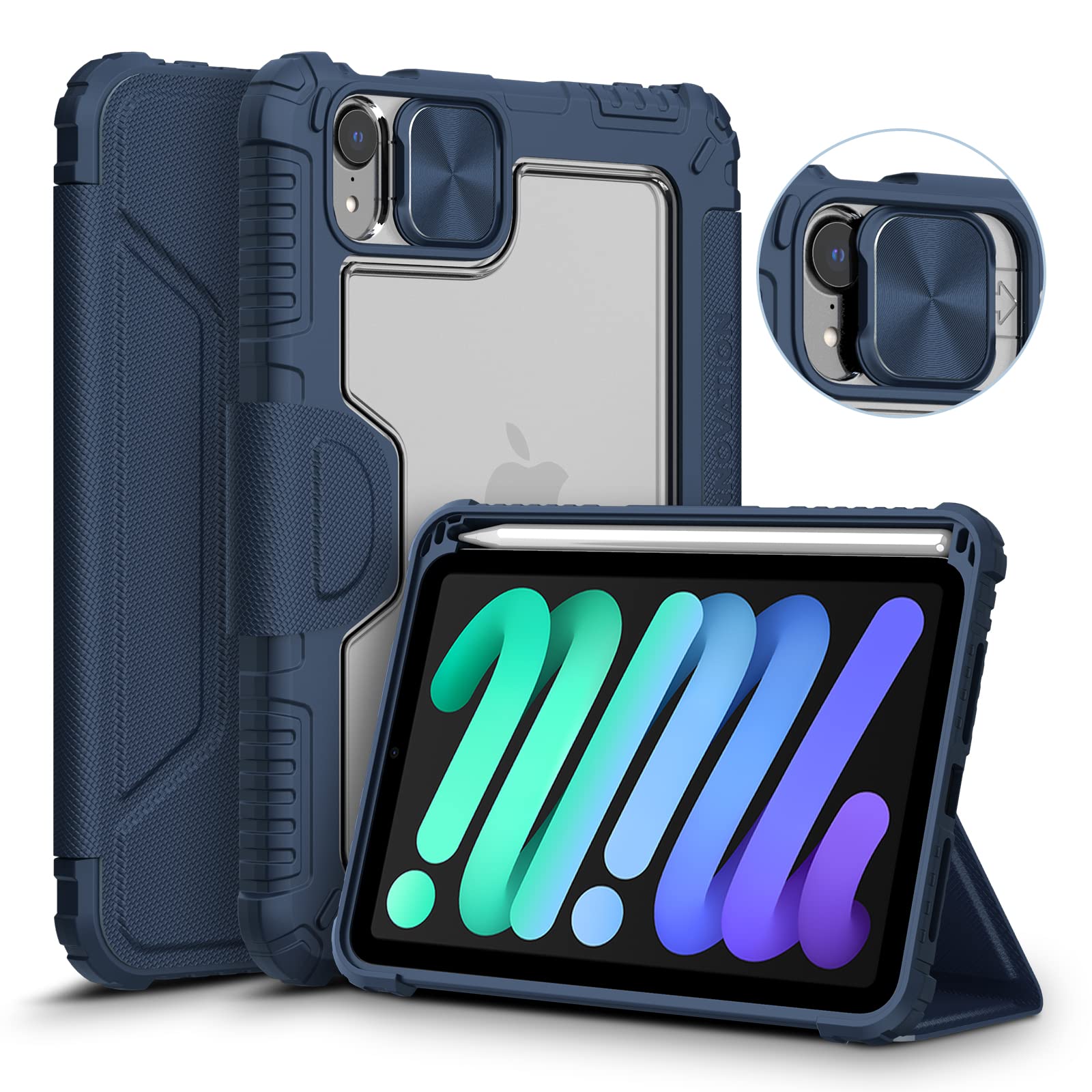 Nillkin iPad Mini 6 Case 2021 (6th Generation, 8.3-inch),[ Pencil Holder &Sliding Camera Protection] with Trifold Stand intelligent Automatic Wake/Sleep Function, Blue