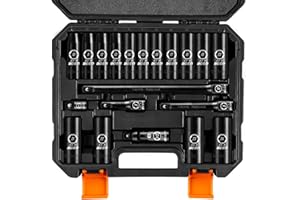 BOEN 1/2" Drive Metric Deep Impact Socket Set, 20 Piece Cr-V Steel Metric Socket Set 10mm-24mm, Includes Extension Bars, Univ