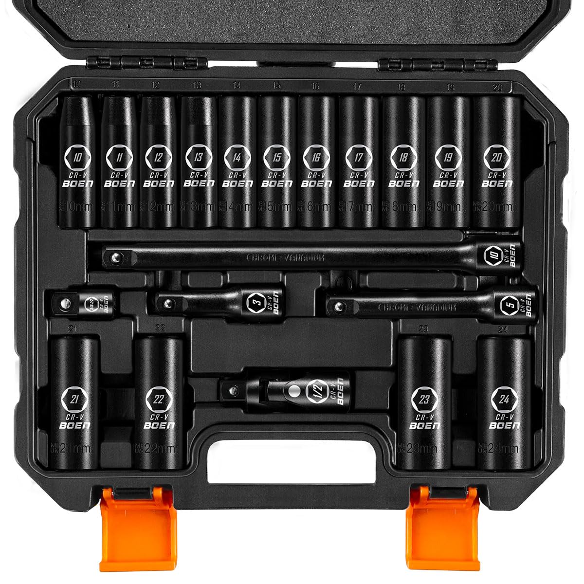 Photo 1 of BOEN 1/2" Drive Metric Deep Impact Socket Set, 20 Piece Cr-V Steel Metric Socket Set 10mm-24mm, Includes Extension Bars, Universal Joint and Adapter, 6 Point Design, Meets ANSI Standards