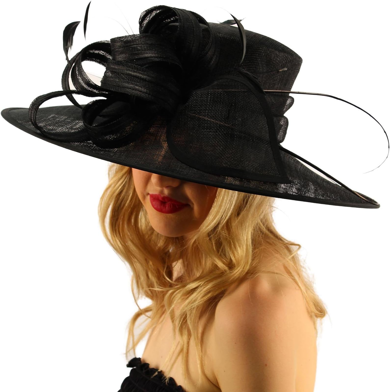 British Regal Sinamy Ribbon Feathers Quill Derby Floppy Bucket Dressy Hat