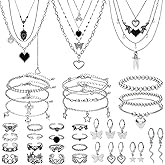NEWITIN 45 Pieces Silver Jewelry Set for Women Party Costume Punk Jewelry Set Goth Grunge Y2k Accessories Vintage Gothic Necklaces Bracelets Earrings Rings for Women Men