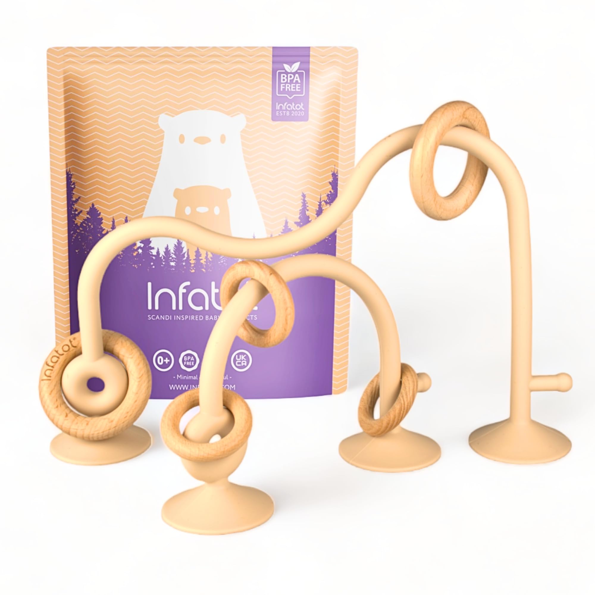 Infatot® Teething Suction Toy – Wood & Silicone Baby Toys 0-6 Months, Sensory Toy for Early Development, Suction Teether for High Chair, Baby Gift for Boys and Girls - Cream