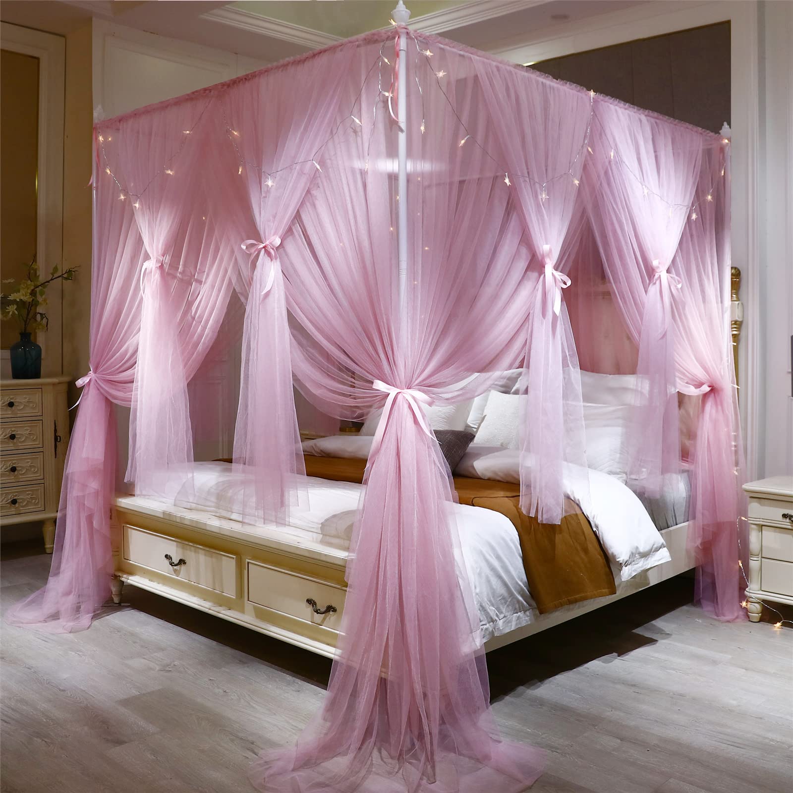 Photo 1 of VETHIN 4 Corners Post Princess Bed Canopy Curtain Double Layer Cozy Drape Netting 4 Opening Mosquito Net for Girls & Adults Bedroom Decoration Accessories (Double Pink, 59" W*82" L*82"*H/(Queen))
