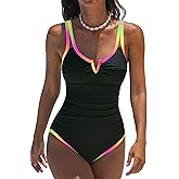 popvil One Piece Swimsuits Women 2026 Tummy Control - Modest Bathing Suit Shapewear Swimwear Retro Neon Swim Suit
