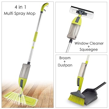 Smile Mom 4 in 1 Multi Spray Mop with Broom + Dustpan, Window Cleaner + Squeegee/Wiper with 360 Degree Easy Floor Cleaning for Home and Office, Best for Wet & Dry Use