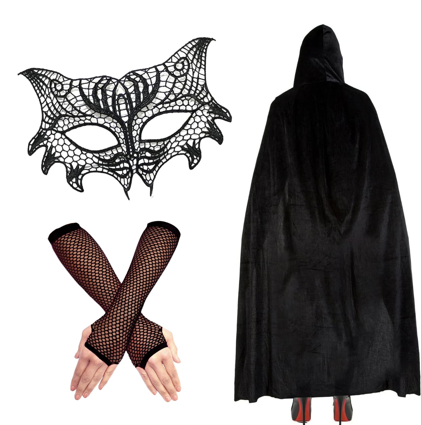 Robelli Ladies Lace Cat Women Mask, Cape & Long Fishnet Gloves Fancy Dress Set