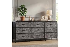 63" TV Stand, 9 Drawer Dresser for Bedroom with Wooden Top, Long Entertainment Center for Living Room, Wide Fabric Storage Ch