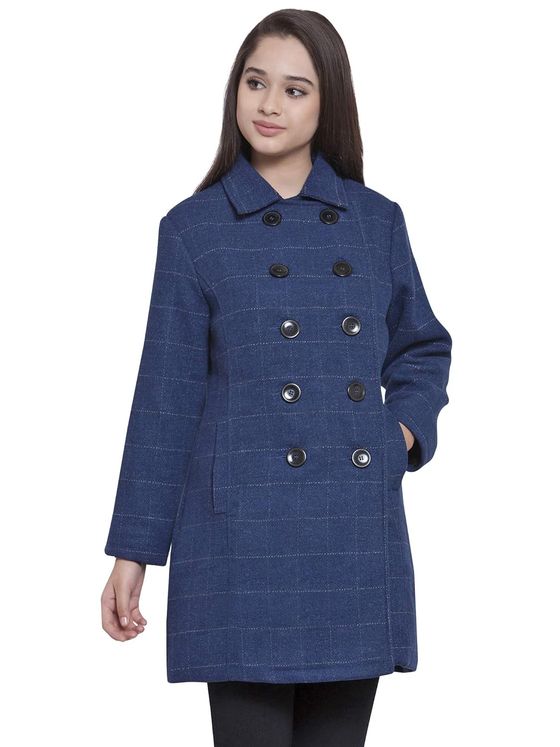 martini women blue check double breasted woolen coat