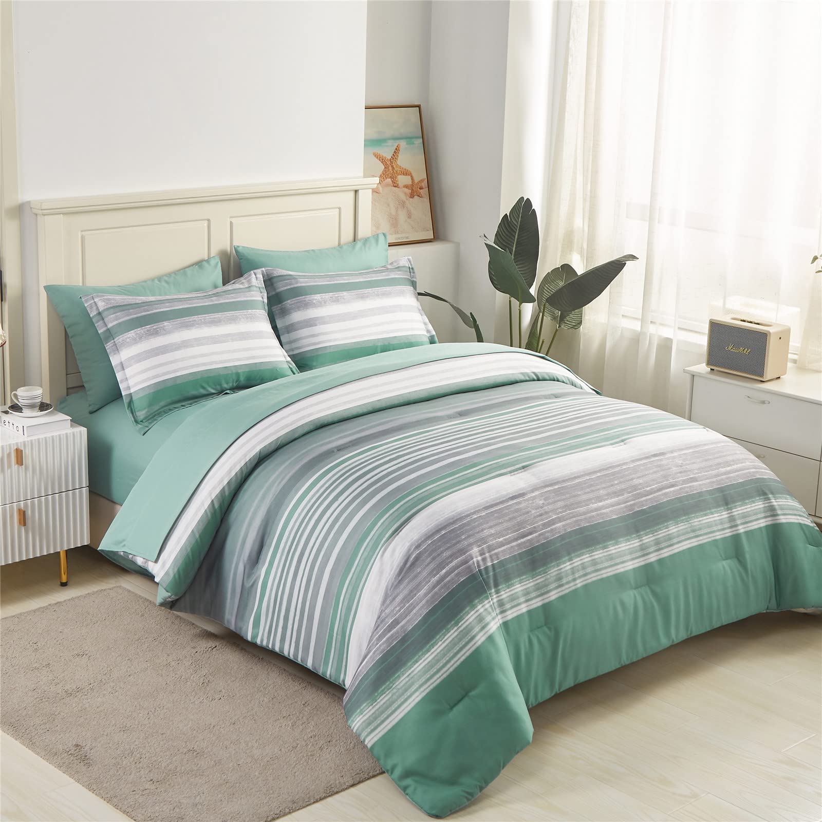 KAKIJUMN 7 Piece Bed in a Bag Stripe Comforter Set King Size, White Grey Sage Green Patchwork Striped Comforter and Sheet Set, All Season Soft Microfiber Complete Bedding Sets(Green,King)