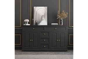 MOUMON Sideboard Credenza with Doors and Shelves, Credenza Sideboard Buffet with Drawers, Buffet Table Home Bar Cabinet for Kitchen Living Room Black (59.1”W x 15.7”D x 33.5”H)
