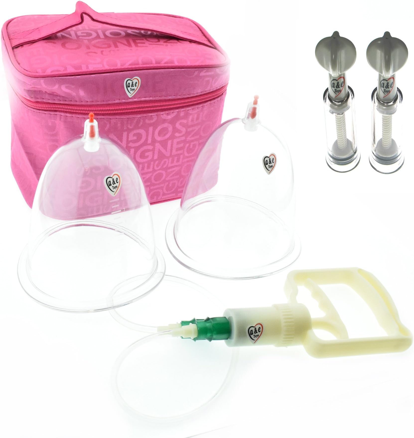 AnE Toys Best Set of 2 Double Cup Natural Breast Cupping Cups Enlargement/Enchantment and Our Best Selling Nipple Correctors for Flat and Inverted Nipples with Bra Extender- Storage Bag and Hand Pump