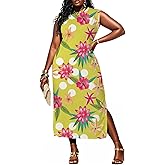 UOUA Women Summer Maxi Dresses Plus Size Casual Hawaiian Sundress Sleeveless Loose Split Beach Dress with Pockets