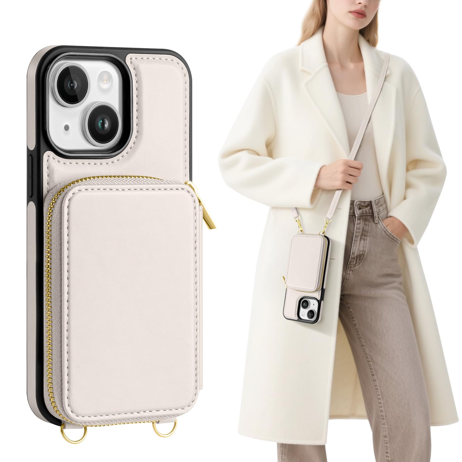 SkyEagle Compatible with iPhone 15 Pro Max Wallet Case for Women【RFID Blocking】 Crossbody Phone Case PU Leather Zipper Handbag Wrist Strap Cover Credit Card Holder,for Apple 15 Pro Max,Beige