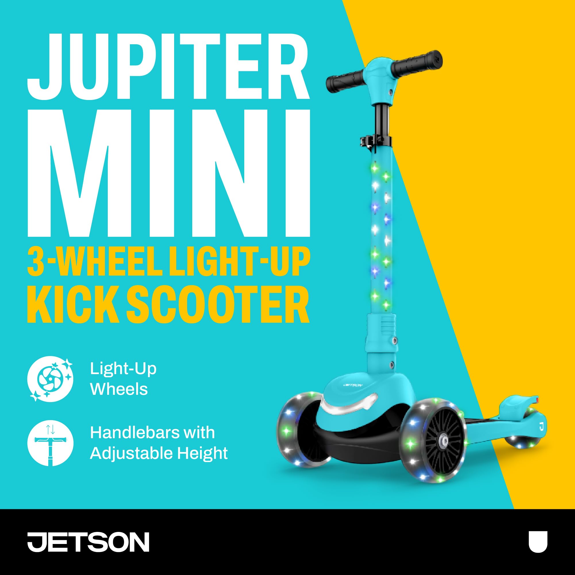 Jetson 3-Wheel Light-Up Kick Scooter, Lights on Stem & Wheels, Height Adjustable Handlebar, Rear Brake, Foldable, Ages 3+