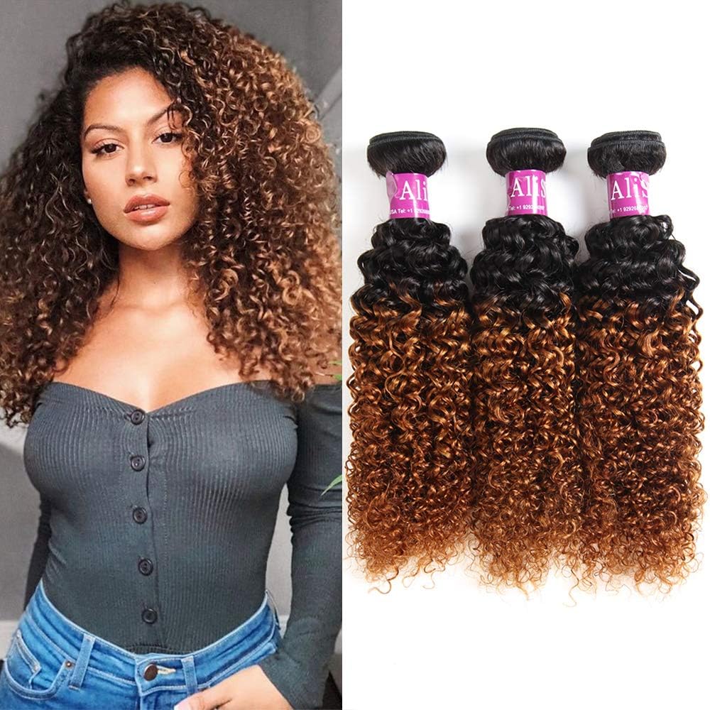 Alisfeel Ombre Curly Bundles Brazilian Curly Hair Wet and Wavy Human Hair Weave 3 bundles Kinky Curly 1b/30 Black to Brown (16"18"20")