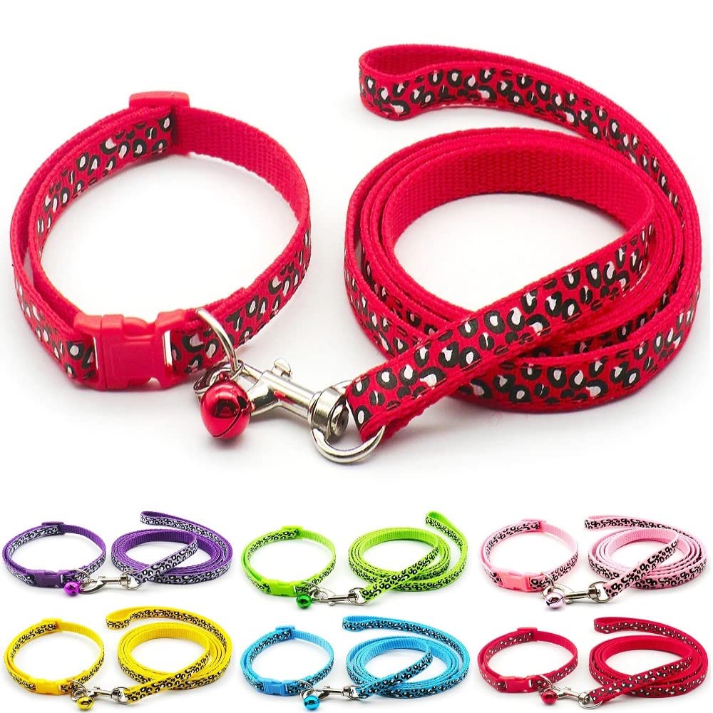 Small Dog Puppy Pet Collar and Lead Set Leopard Print Design Nylon Adjustable Size 19-32cm Collar with Bell and 120cm Leash Red