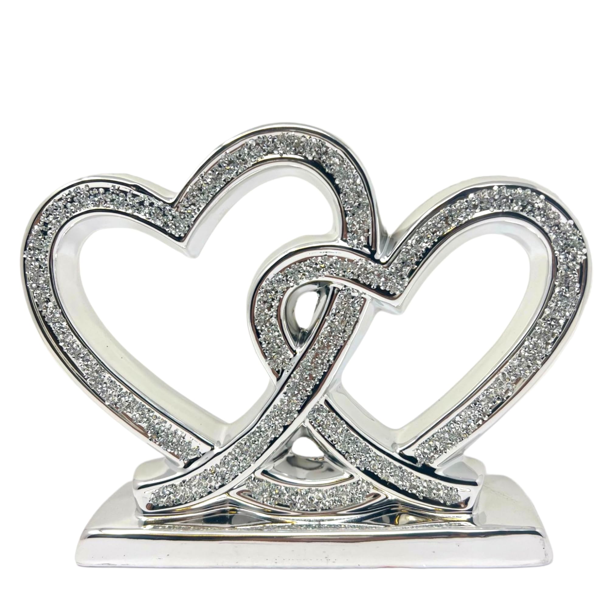 Amazing Gift Crushed Diamond Silver Double Heart Love Ornament - A Radiant Celebration of Eternal Affection Sterling Love-Ornament Blings Sparkly Home Decoration