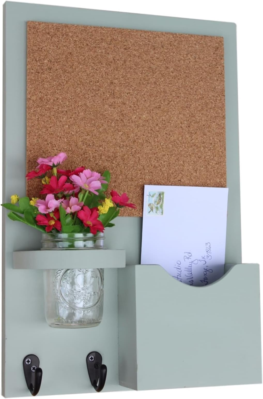 Legacy Studio Decor Cork Board Mail Organizer - Mail and Key Holder - Letter Holder - Key Hooks - Jar Vase (Smooth, Green Tea)