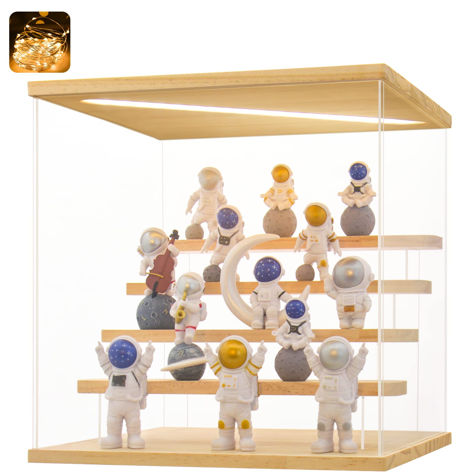 Huijintao Clear Acrylic Display Case with Light for Collectibles, 5 Tier Wood Base Assemble Box Storage Box Dustproof Showcase for Toys Collectibles（5Tier 11.8*11*11.8inch）